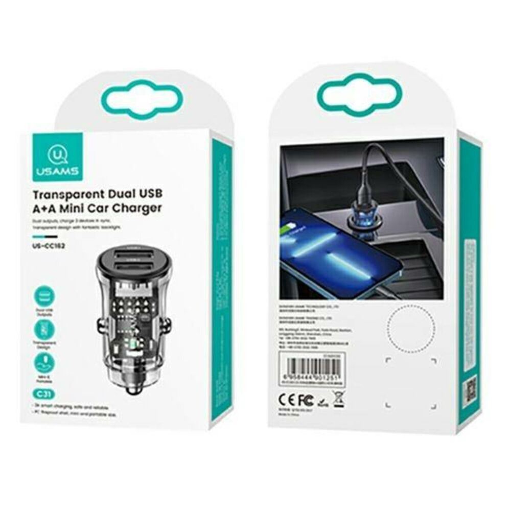 Автомобільний зарядний пристрій Usams US-CC162 C31 15W Transparent Dual USB A+A Mini Car Charger