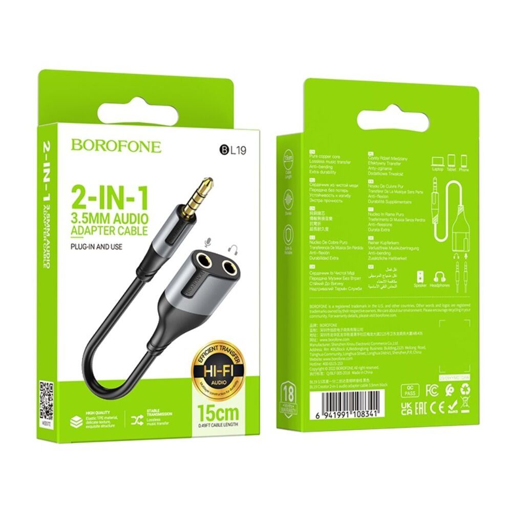 Аудіокабель BOROFONE BL19 Creator 2-in-1 audio adapter cable 3.5mm Black